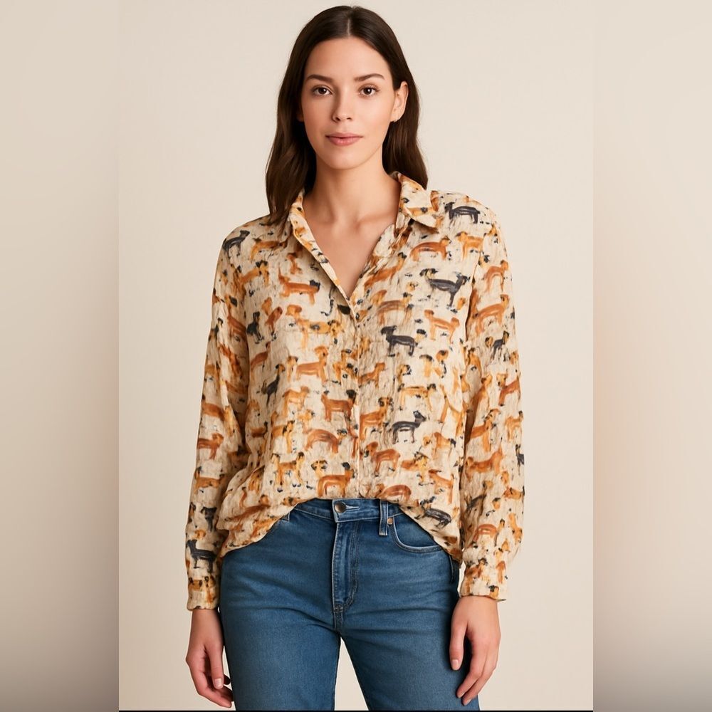 138 Multiples women’s dog printed blouse size L in petit